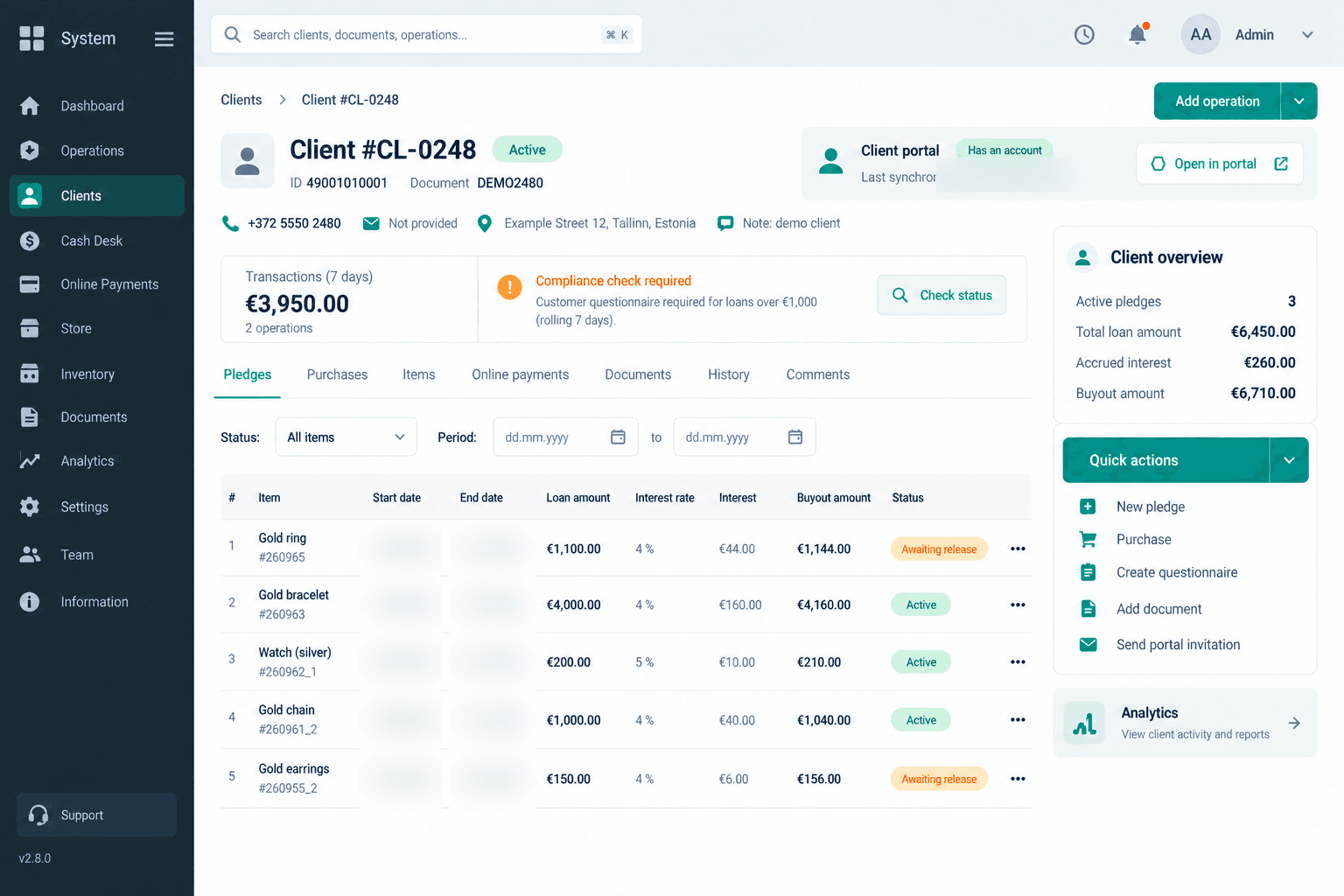 Golden Lombard CRM client profile