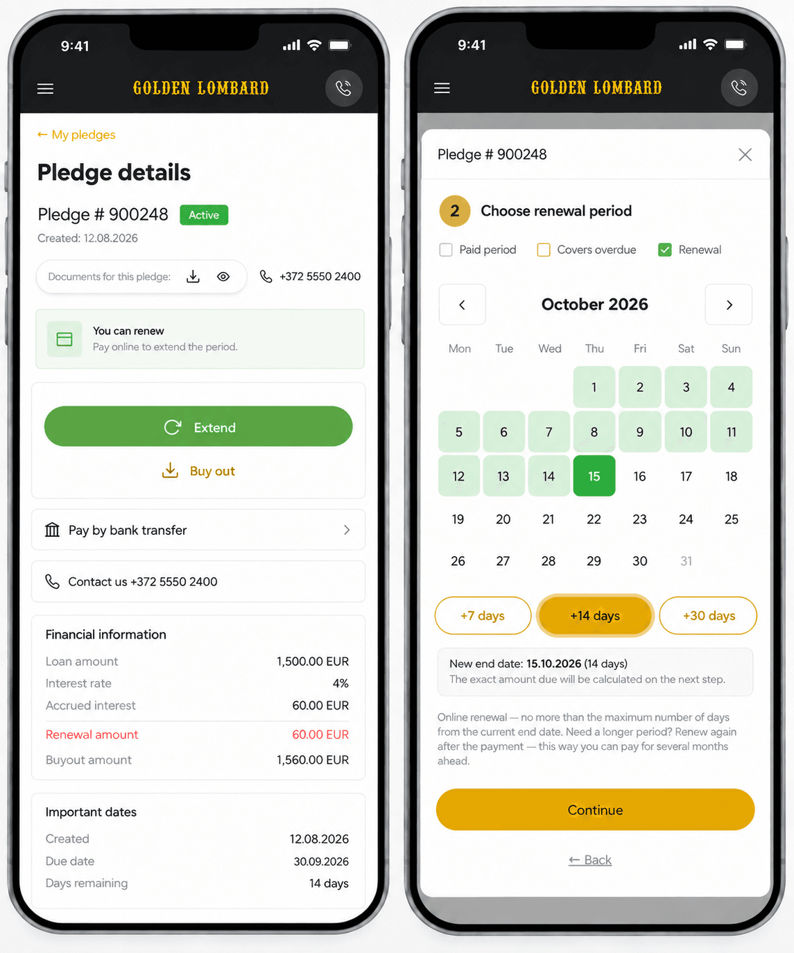 Golden Lombard online pledge renewal