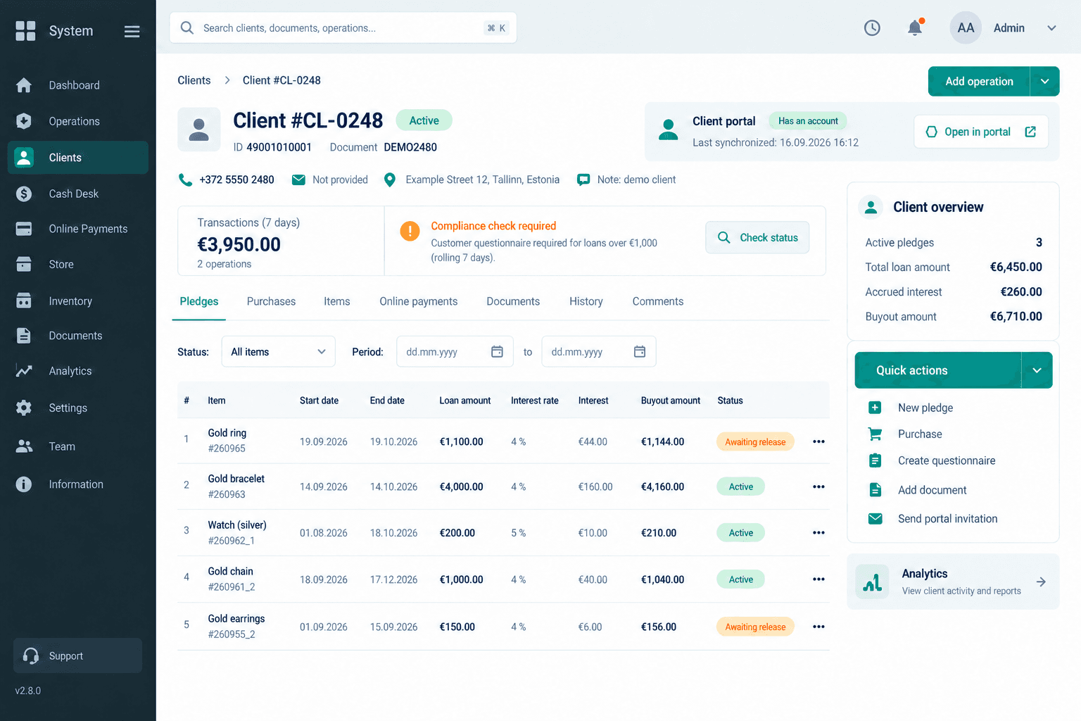 Golden Lombard CRM client profile