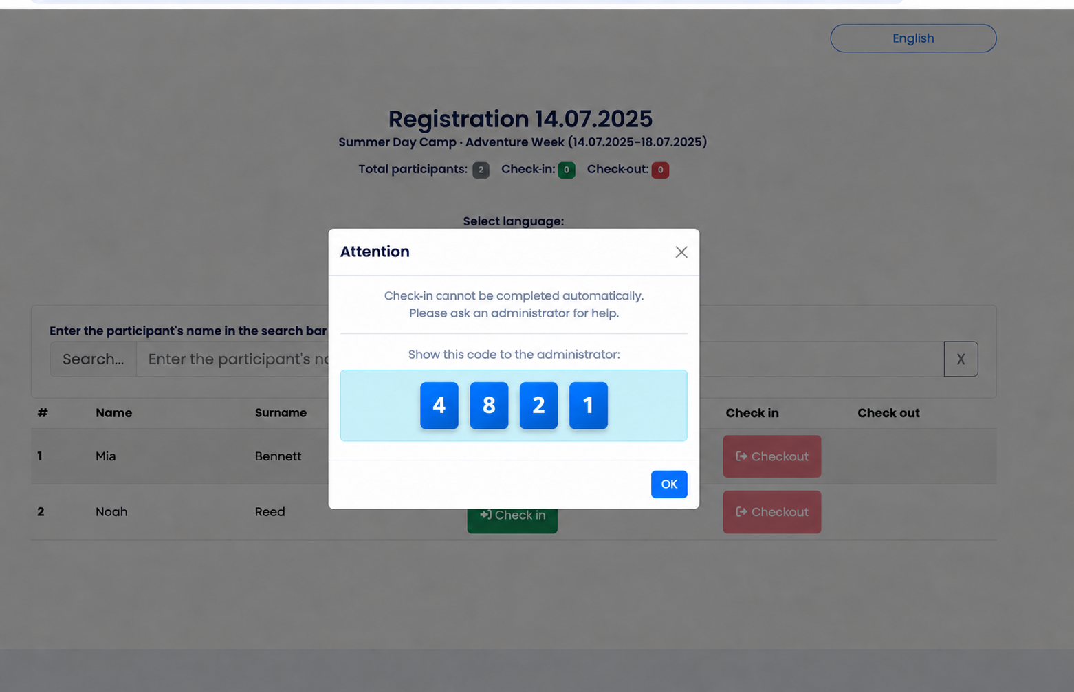 Demo check-in exception code