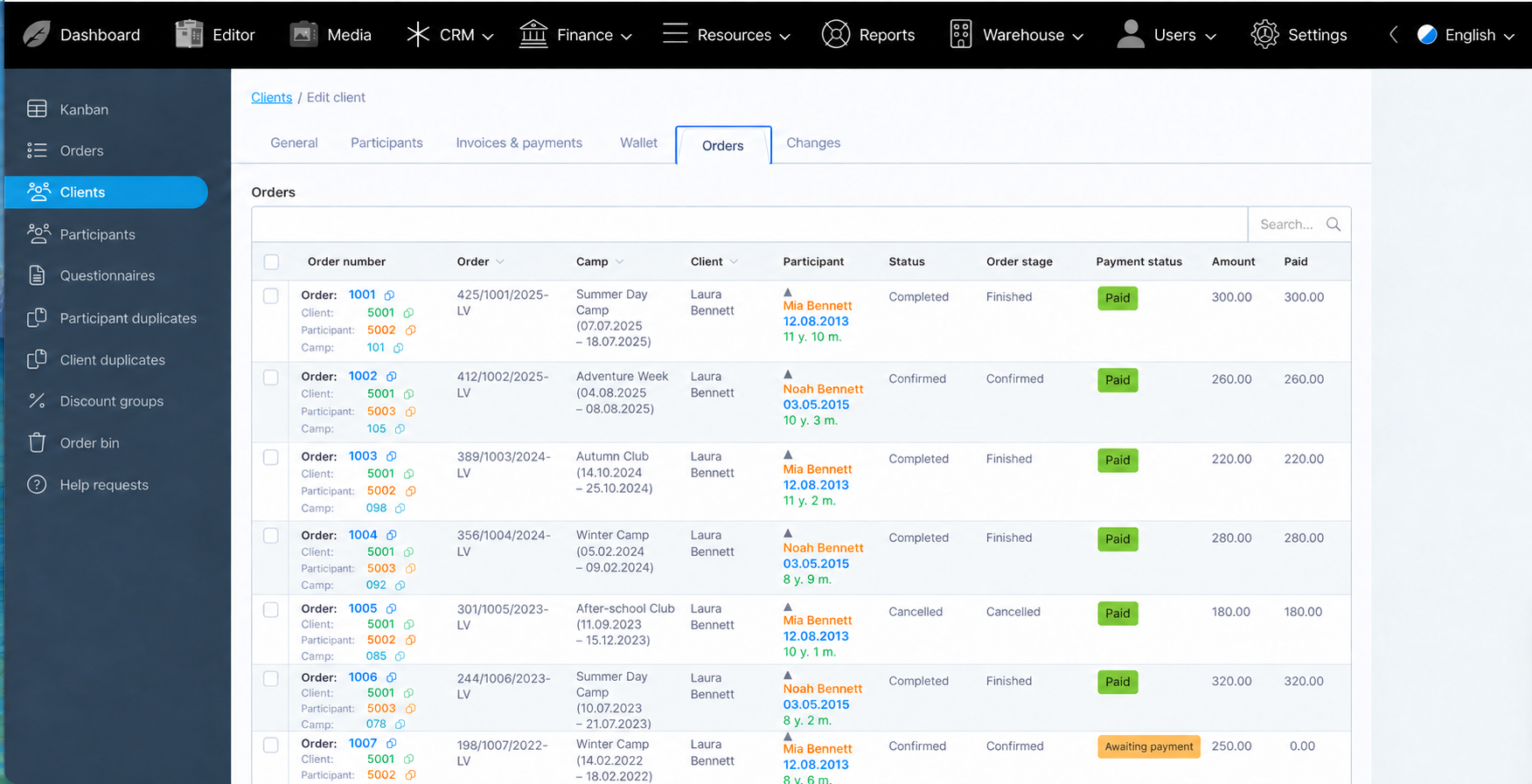 Demo multi-year order history with replaced family details