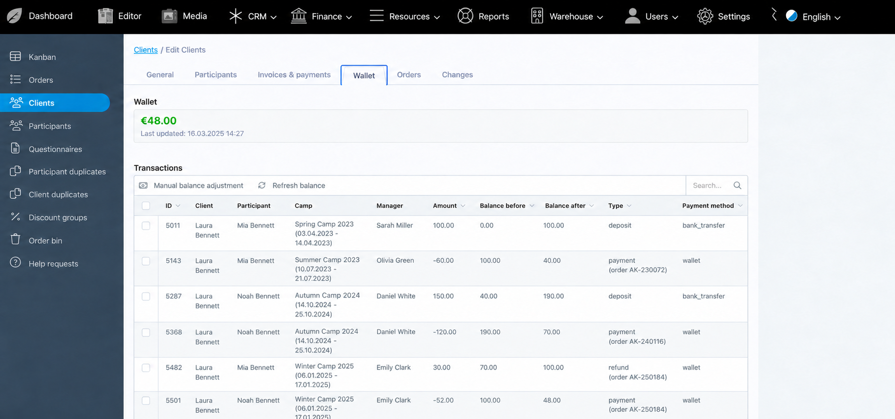 Demo client wallet with replaced transactions and running balance
