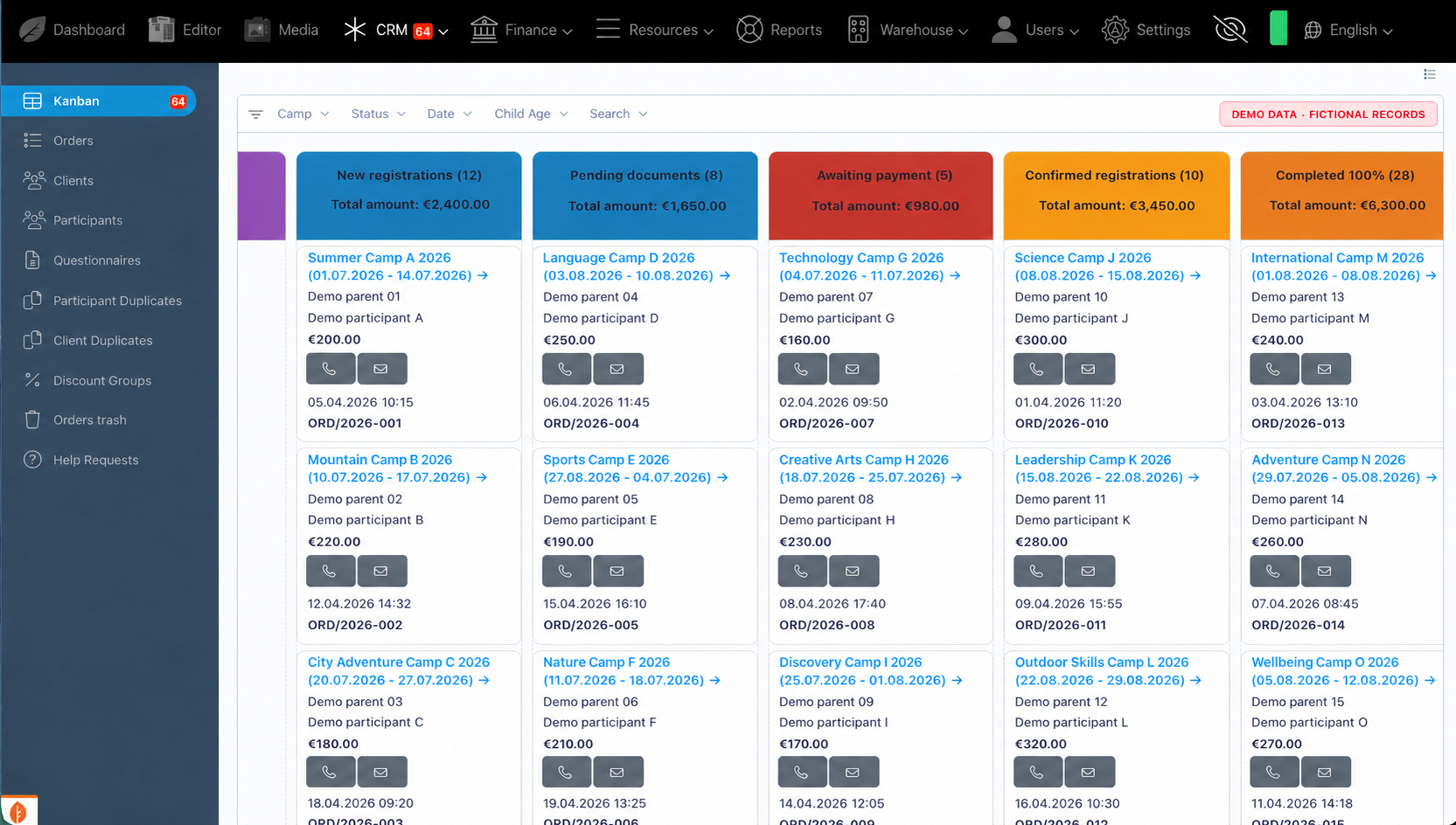 Demo application Kanban with replaced camp and family details