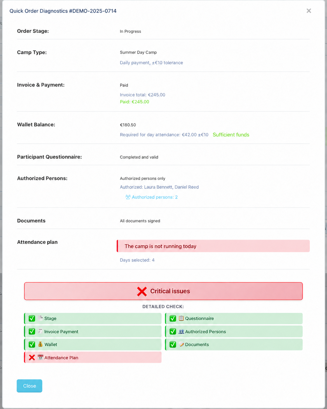 Demo order diagnostics showing readiness checks