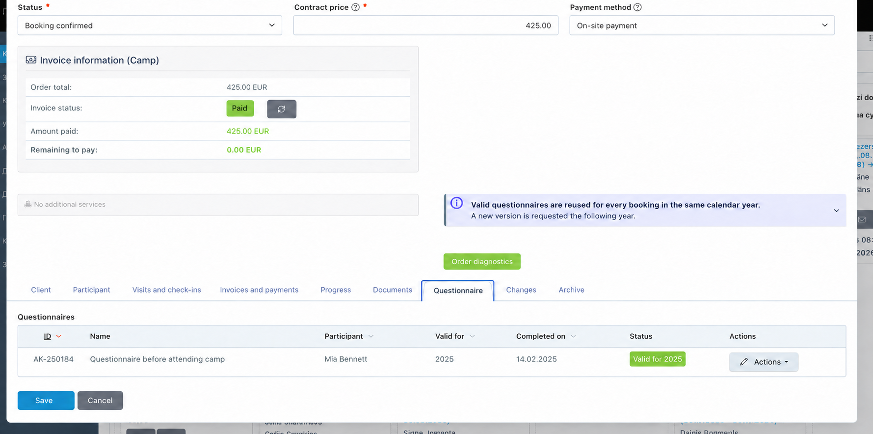 Demo ERP screen showing an annual participant questionnaire